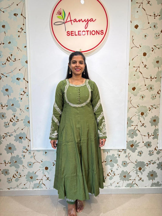 Mulchanderi Green Anarkali Kurti set