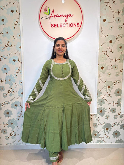 Mulchanderi Green Anarkali Kurti set