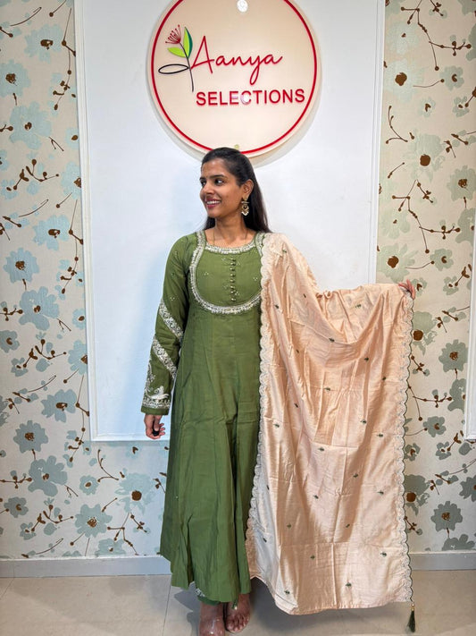 Mulchanderi Green Anarkali Kurti set