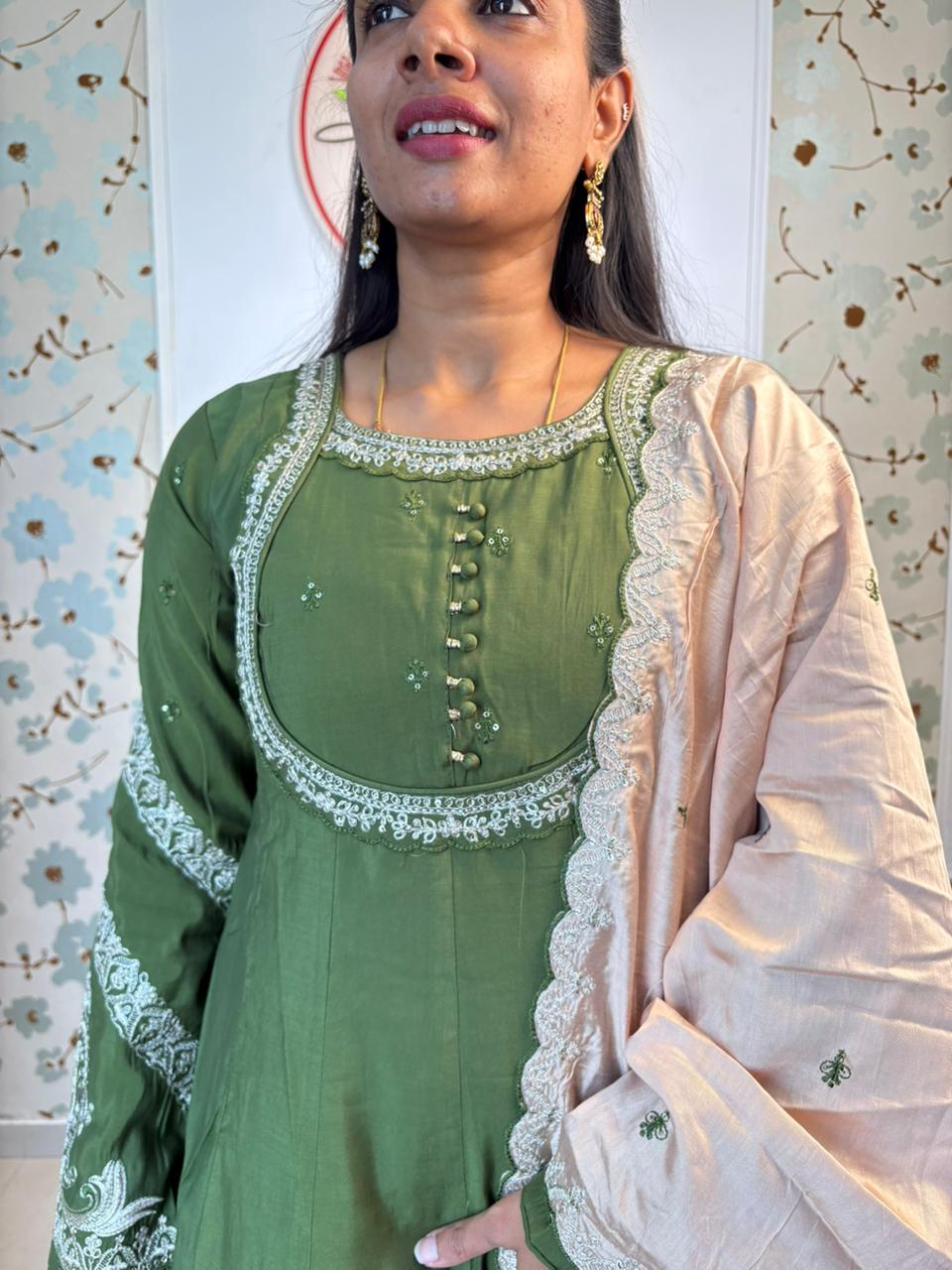 Mulchanderi Green Anarkali Kurti set