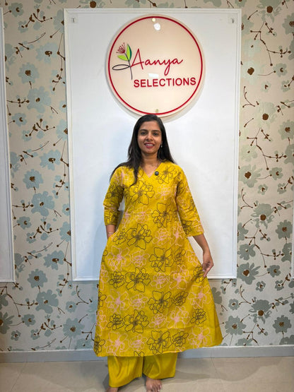 Yellow Floral Embroidery Raw Silk Co-ord Set