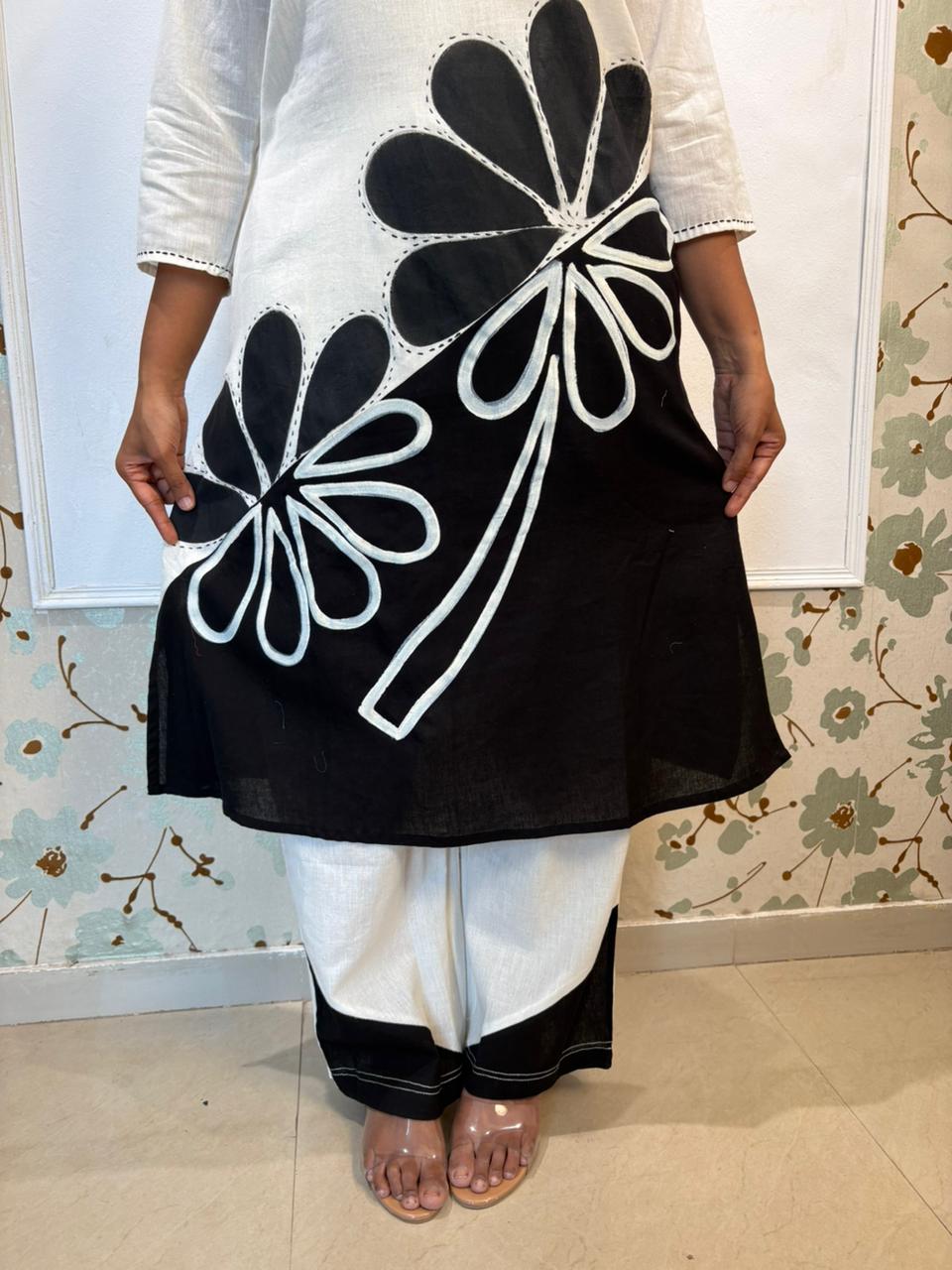 Black & White Floral Appliqué Bentex Cotton Kurti Set