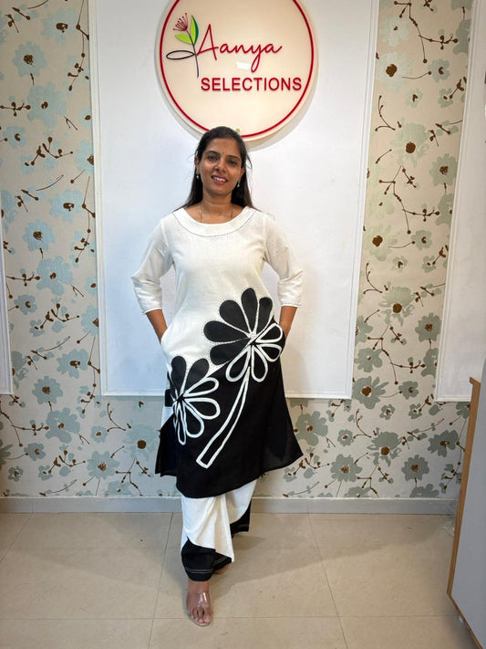 Black & White Floral Appliqué Bentex Cotton Kurti Set
