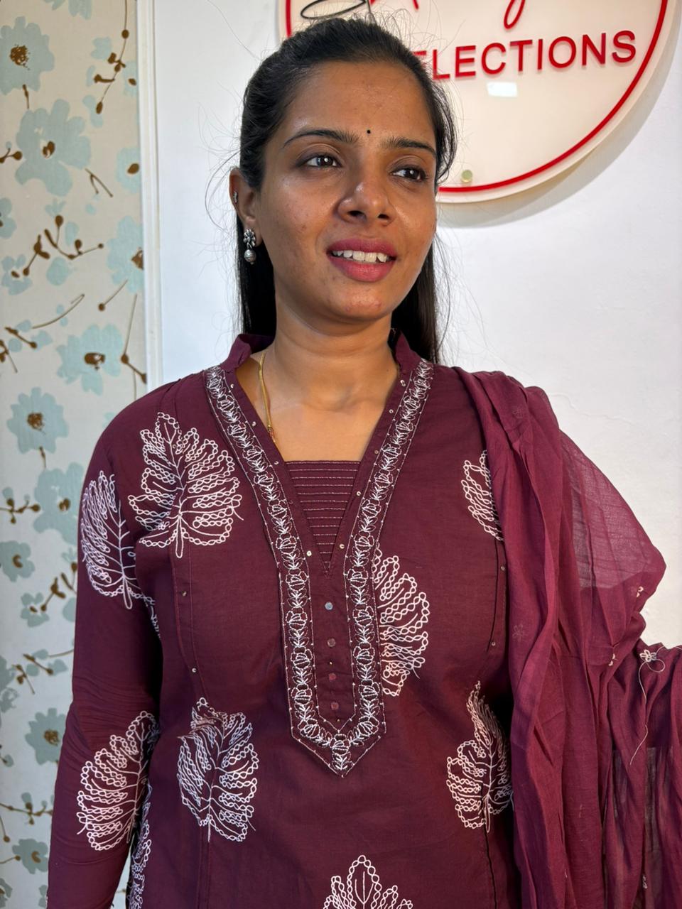 Wine Leaf Print Cotton Kurti Set with Dupatta