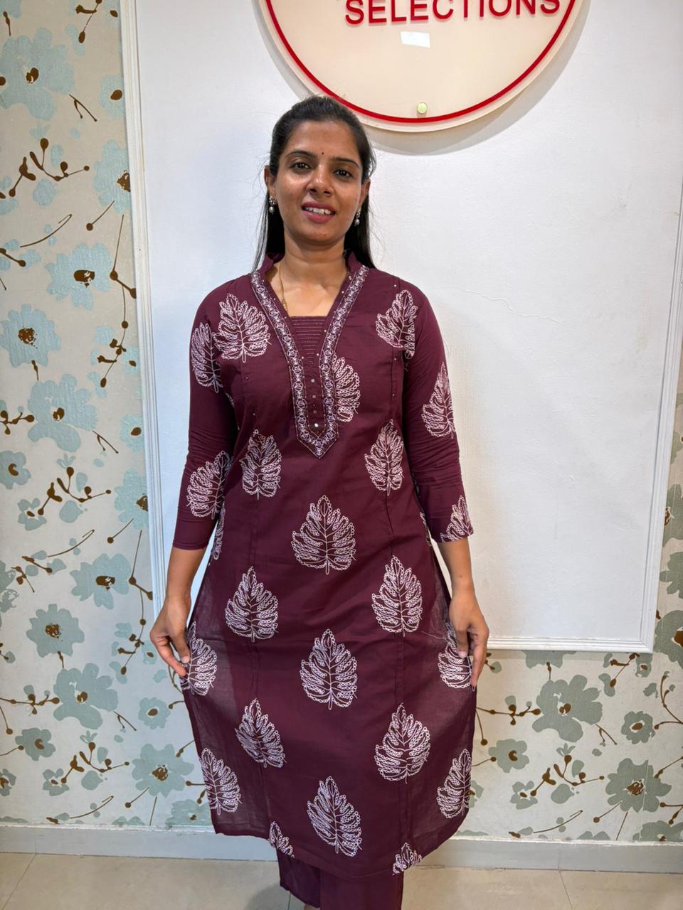 Wine Leaf Print Cotton Kurti Set with Dupatta