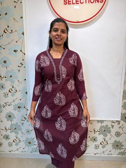 Wine Leaf Print Cotton Kurti Set with Dupatta
