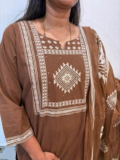 Cotton Geometric Embroidered Kurta Set with Dupatta