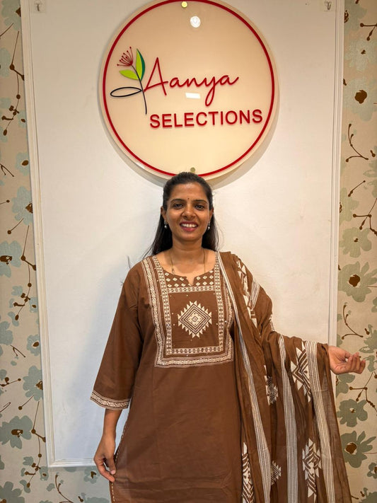 Cotton Geometric Embroidered Kurta Set with Dupatta
