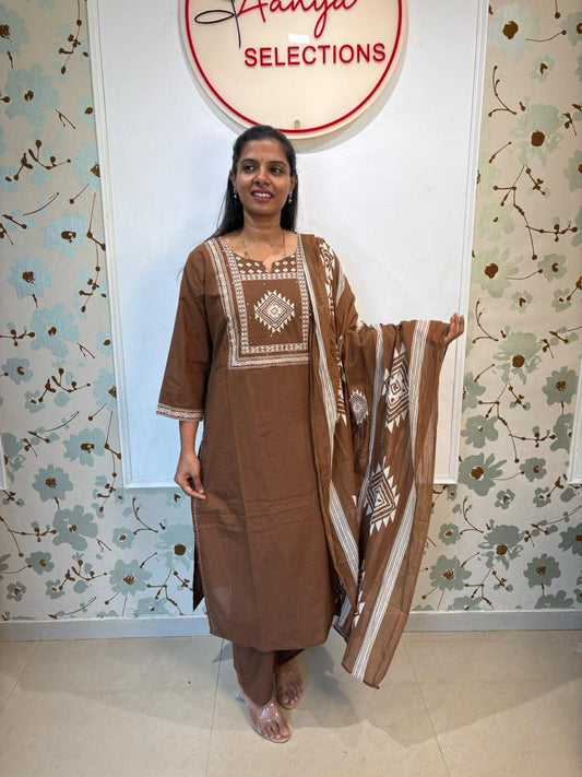 Cotton Geometric Embroidered Kurta Set with Dupatta