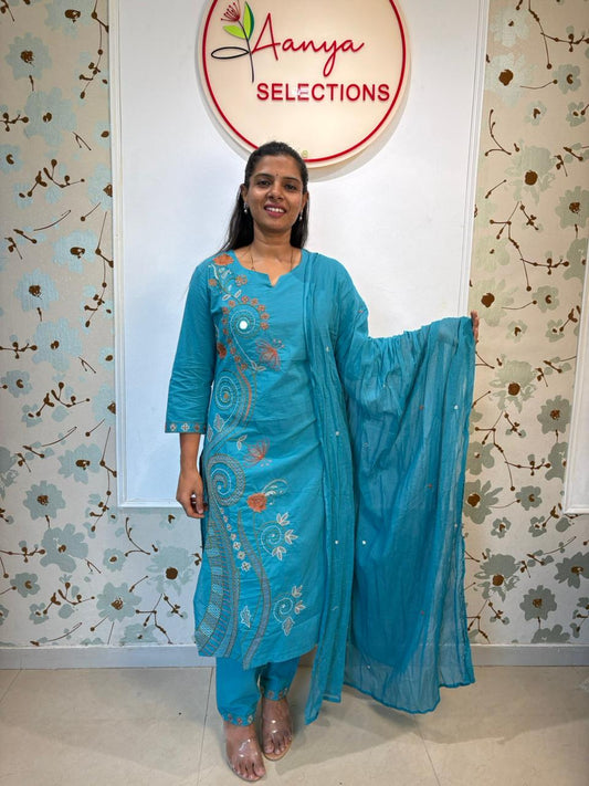 Cotton Floral Embroidered Kurta Set with Dupatta