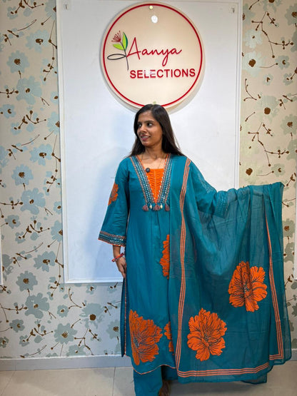 Floral Teal blue Kurti set