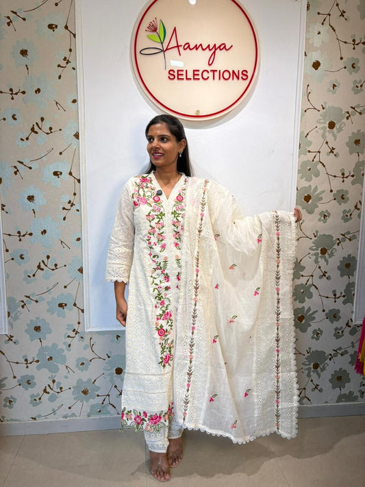 White Cotton Chikankari Kurta Set with Dupatta