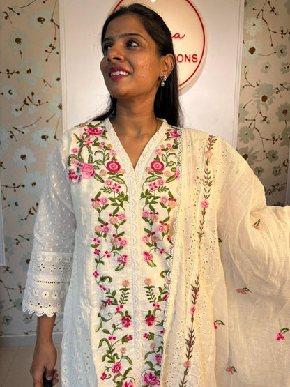 White Cotton Chikankari Kurta Set with Dupatta
