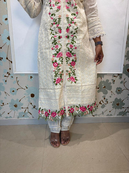 White Cotton Chikankari Kurta Set with Dupatta