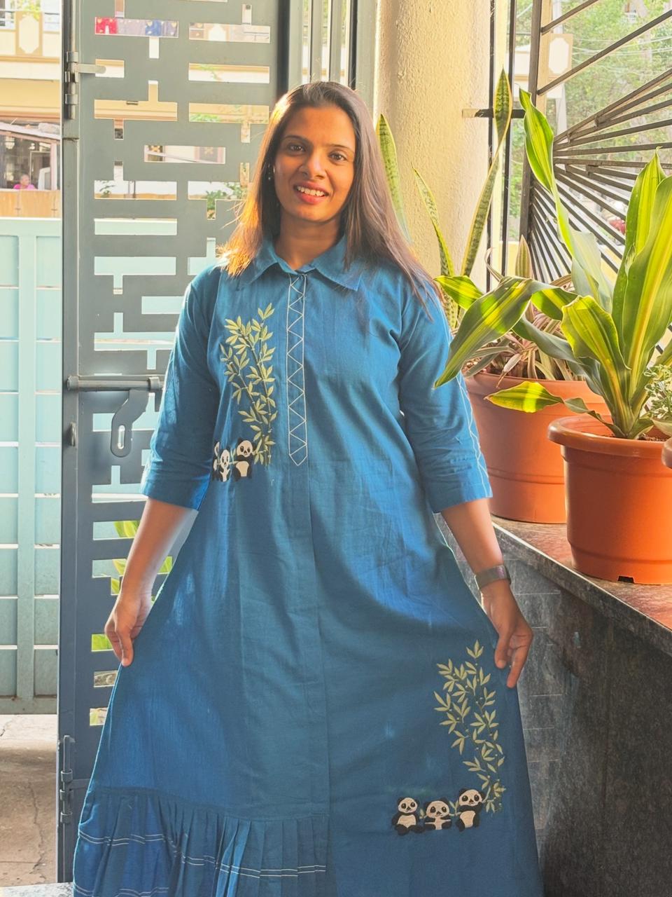 Teal Panda Embroidered Cotton One-Piece Dress | Aanya Selections