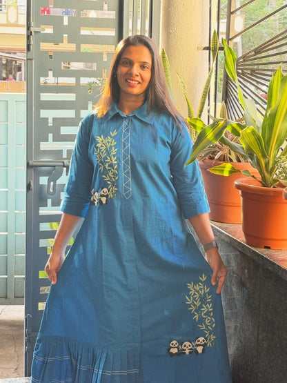 Teal Panda Embroidered Cotton One-Piece Dress