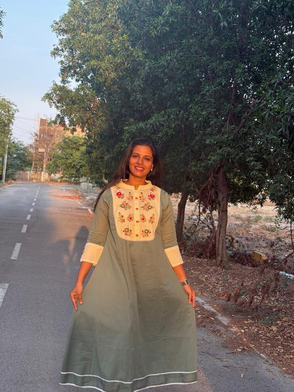 Sage Green Floral Embroidered Cotton One-Piece Dress