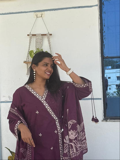 Plum Chikankari Cotton Kurta Set