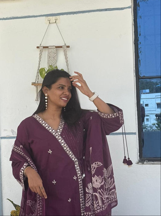 Plum Chikankari Cotton Kurta Set