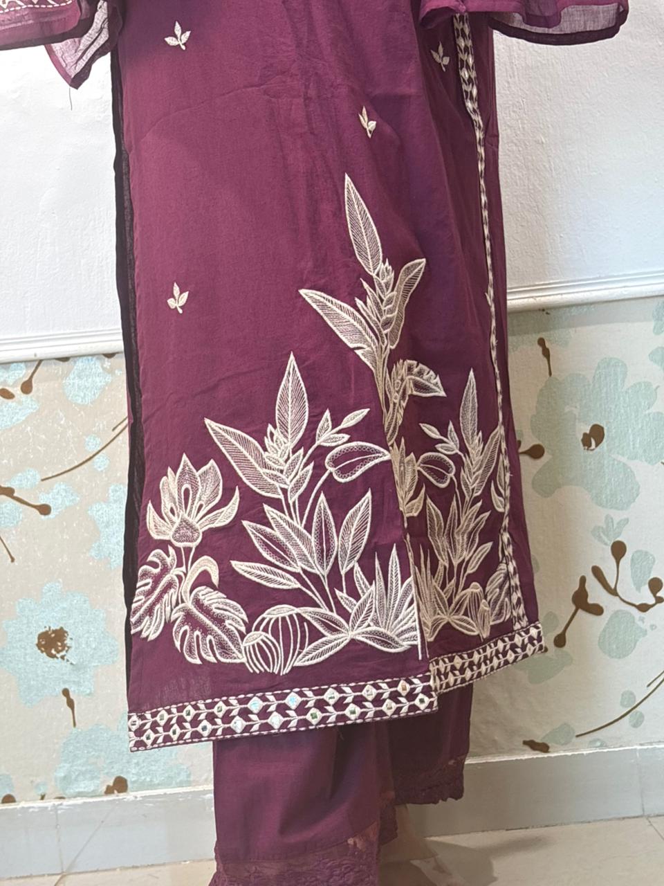Plum Chikankari Cotton Kurta Set