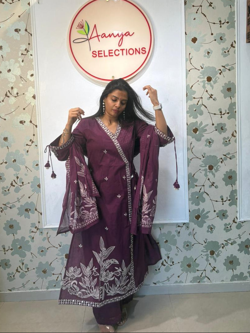 Plum Chikankari Cotton Kurta Set
