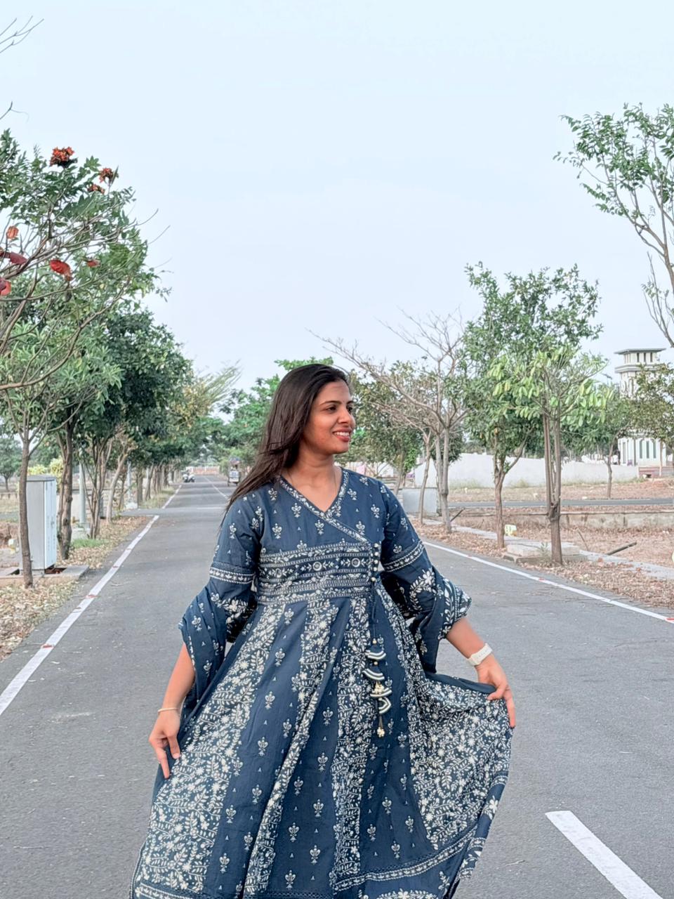 Indigo Blue Printed Cotton Anarkali Set