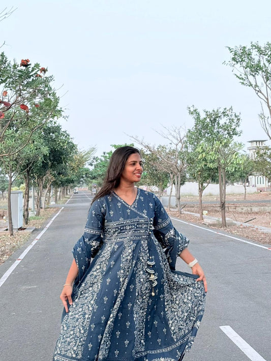 Indigo Blue Printed Cotton Anarkali Set