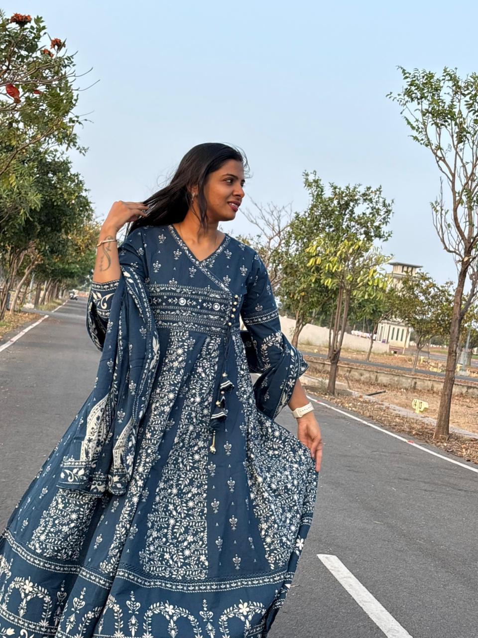 Indigo Blue Printed Cotton Anarkali Set