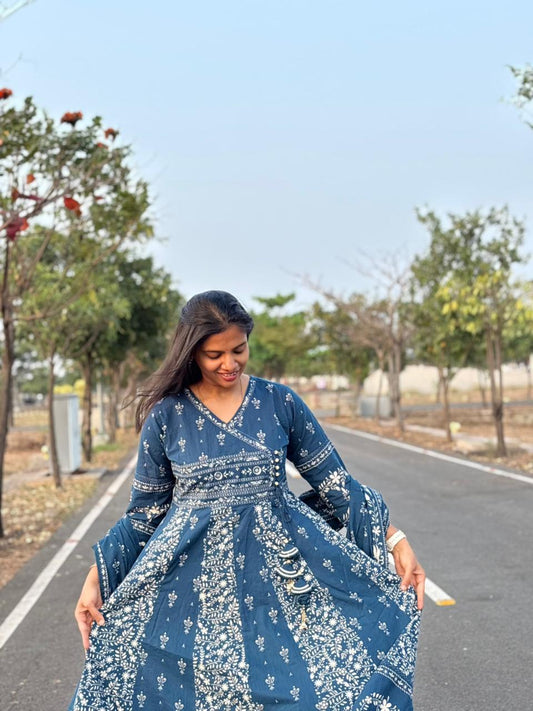 Indigo Blue Printed Cotton Anarkali Set
