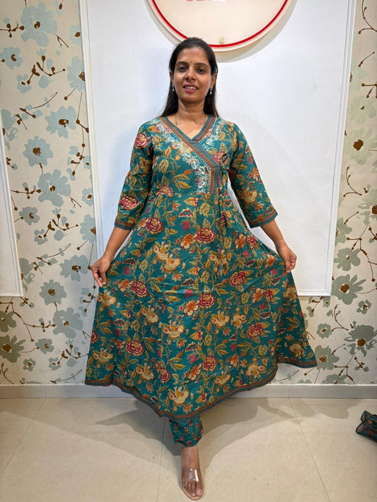 Floral Anarkali  cotton 3 piece set