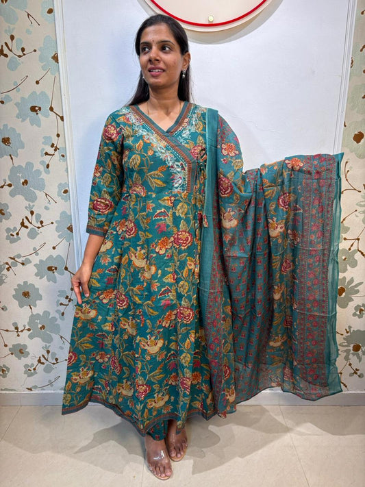 Floral Anarkali  cotton 3 piece set