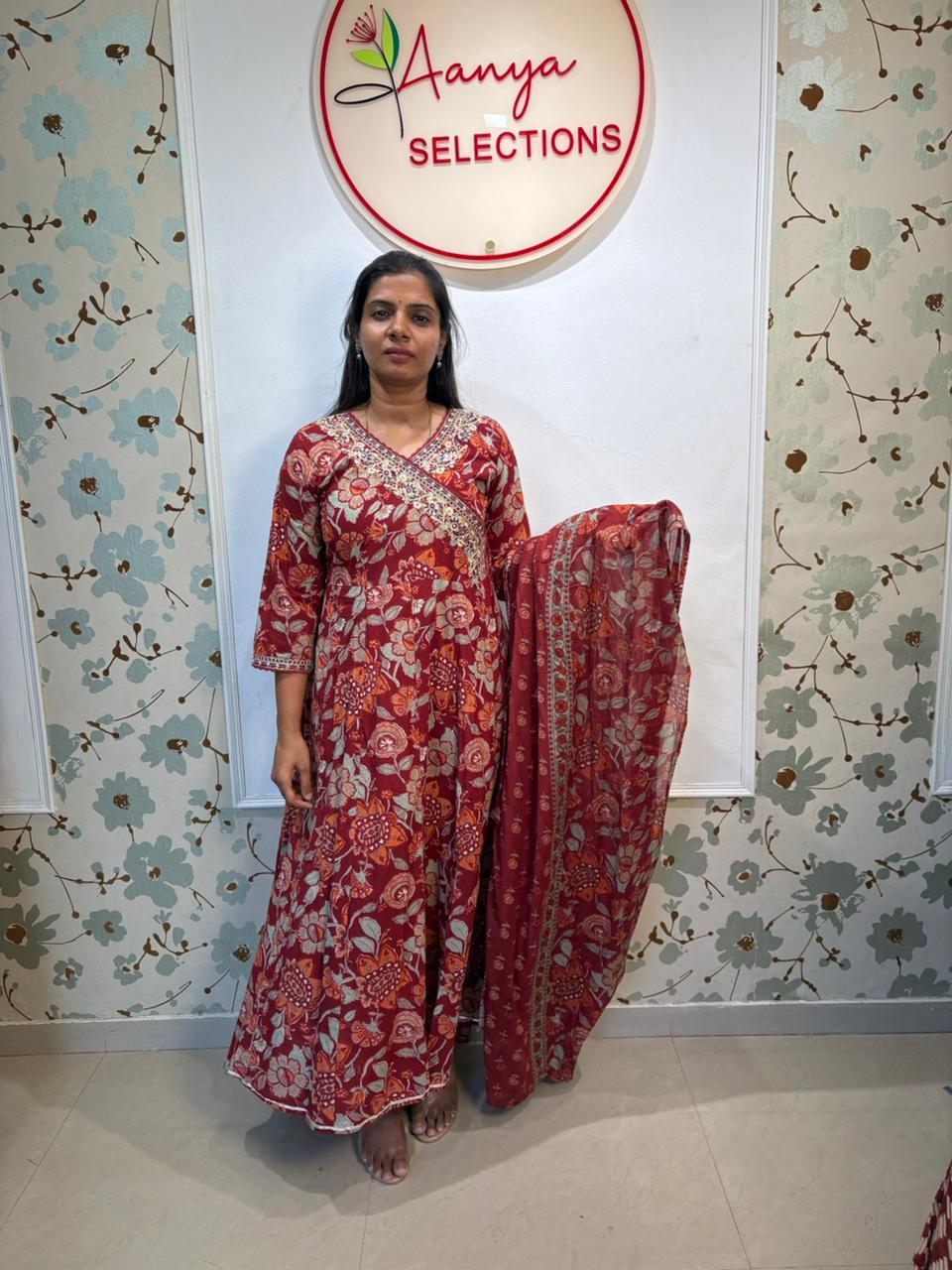 Red Floral Anarkali  cotton 3 piece set