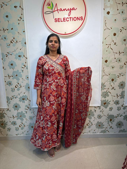 Red Floral Anarkali  cotton 3 piece set