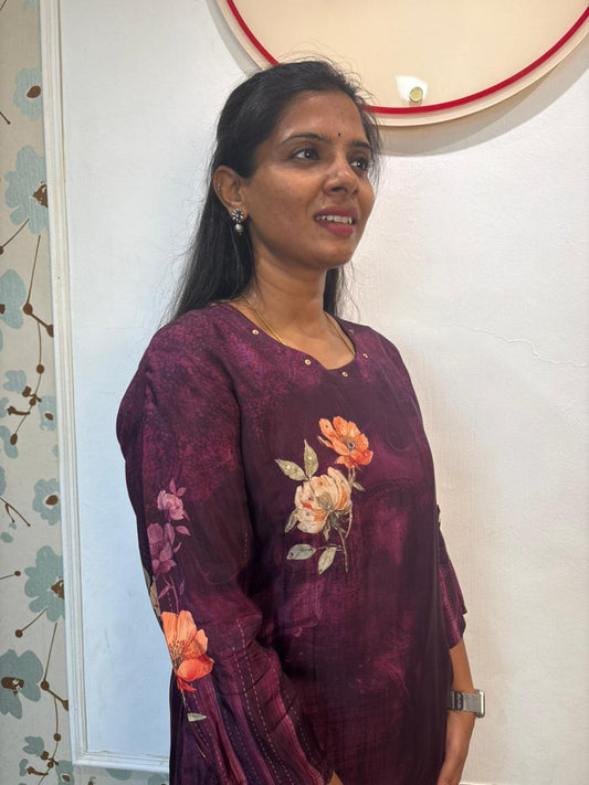 Wine Floral Print Crepe Kurta Set with Dupatta