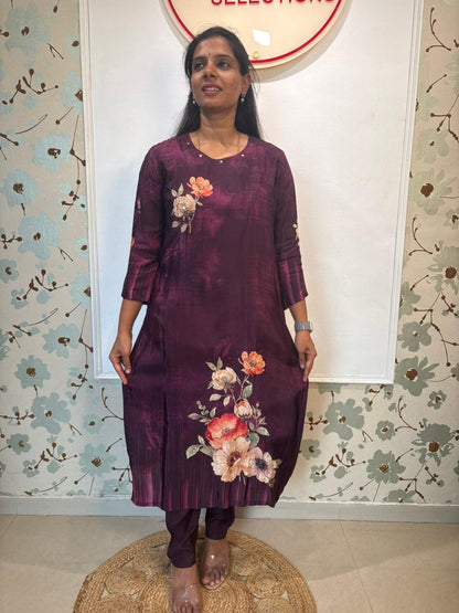 Wine Floral Print Crepe Kurta Set with Dupatta