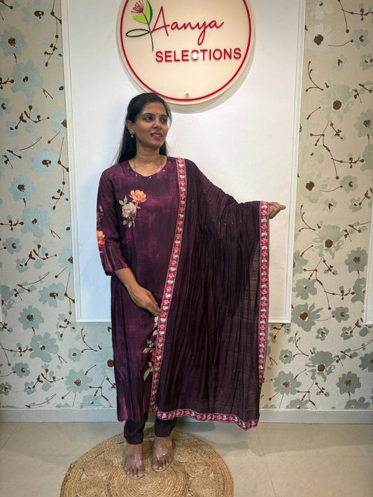 Wine Floral Print Crepe Kurta Set with Dupatta