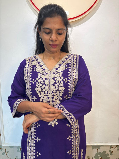 Purple Roman Silk Embroidered Kurta Set with Dupatta