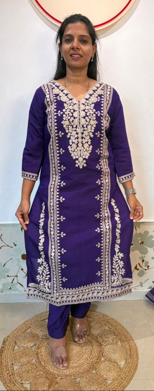Purple Roman Silk Embroidered Kurta Set with Dupatta