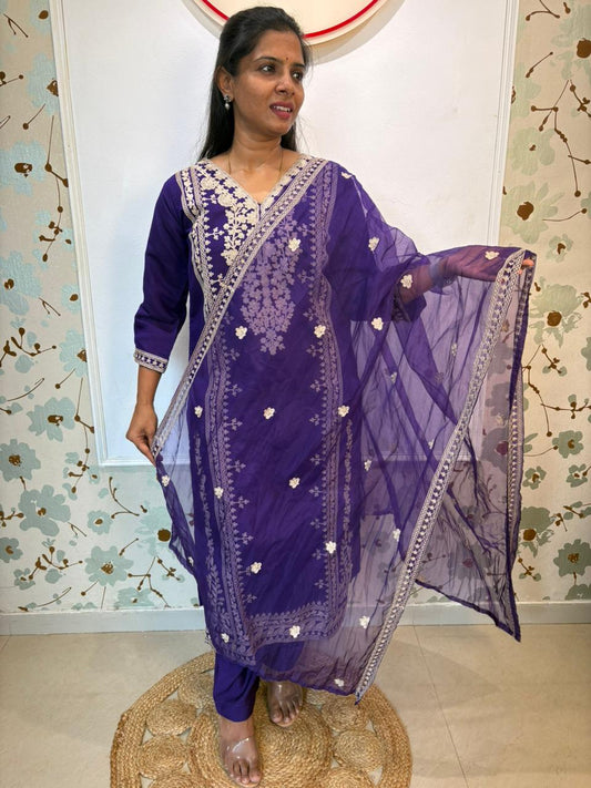 Purple Roman Silk Embroidered Kurta Set with Dupatta