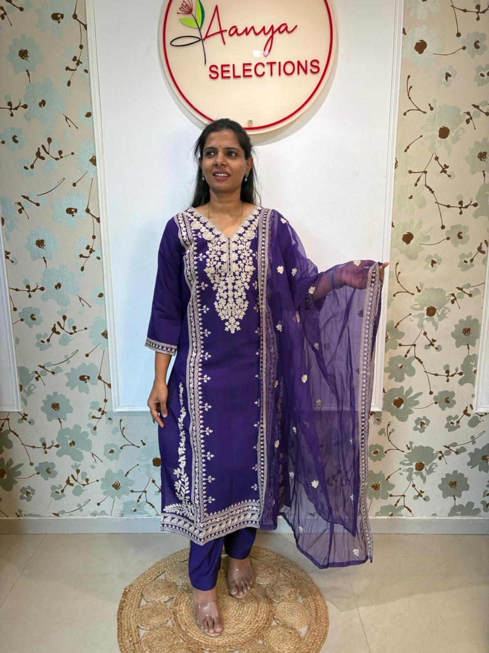 Purple Roman Silk Embroidered Kurta Set with Dupatta