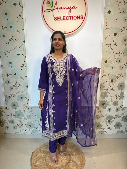Purple Roman Silk Embroidered Kurta Set with Dupatta
