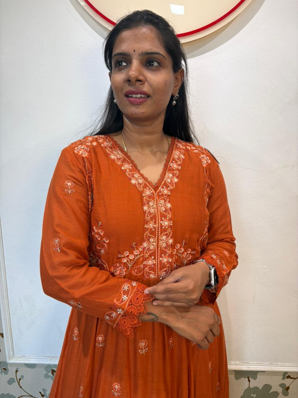 Orange Mul Cotton Embroidered Anarkali Set with Dupatta