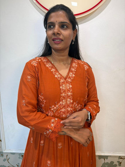 Orange Mul Cotton Embroidered Anarkali Set with Dupatta