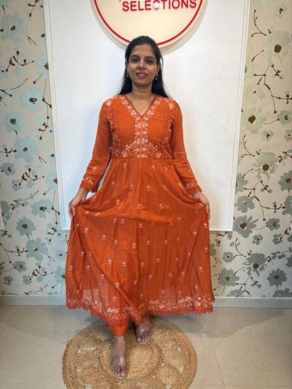 Orange Mul Cotton Embroidered Anarkali Set with Dupatta