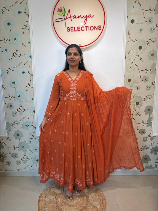 Orange Mul Cotton Embroidered Anarkali Set with Dupatta