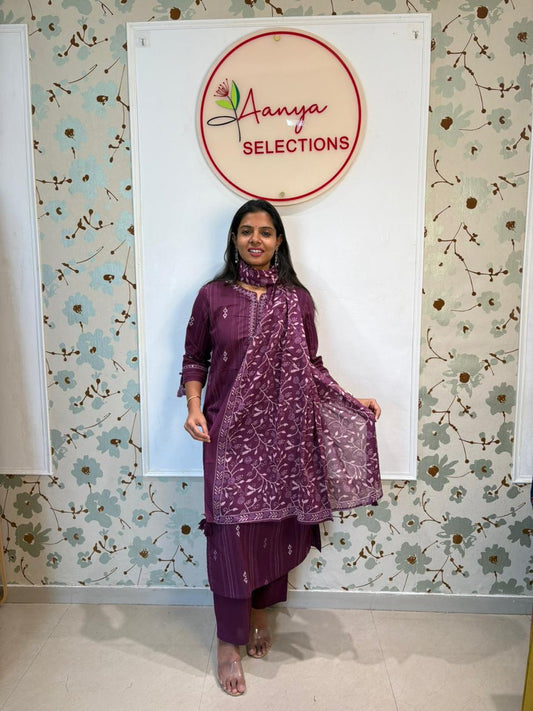 Wine Purple Cotton Kurti Set with Dupatta