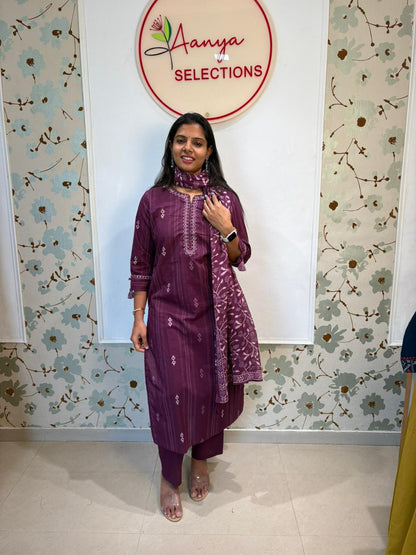 Wine Purple Cotton Kurti Set with Dupatta