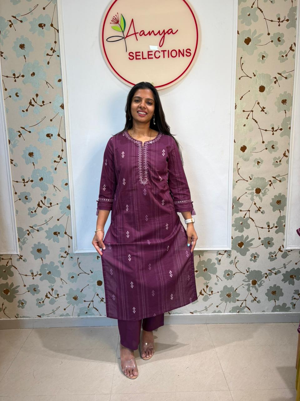 Wine Purple Cotton Kurti Set with Dupatta
