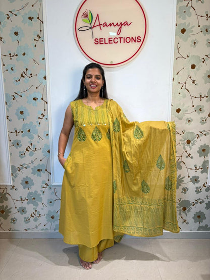 Yellow Cotton Kurti Set with Dupatta