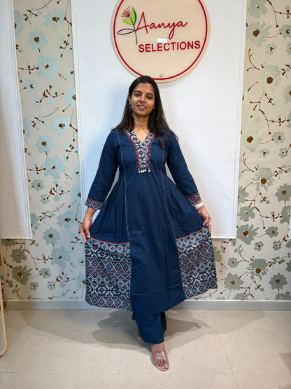 Navy Blue Cotton Co-ord Set | Embroidered Kurta & Pants